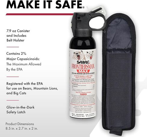 Sabre Frontiersman MAX Bear Spray & Mountain Lion Deterrent, Holster, Bell Kit – 40‑Foot Range, Max Strength 2% Major Capsaicinoids, EPA‑Registered, Self Defense for Hiking, Camping & Hunting, 7.9 oz in Kuwait