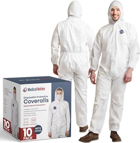 Hazmat Suits Disposable | 10 Pack | Hooded, Heavy Duty, Breathable Disposable Coverall, Painter Suit| 9 Sizes in Saudi Arabia