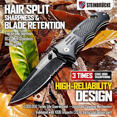 Steinbrucke Tactical Knife Pocket Knife Folding Stainless Steel 8Cr13Mov 3.4'' Blade, with Reversible Clip - Good Gift for Hunting Camping Survival Outdoor and Everyday Carry in Saudi Arabia
