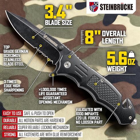 Steinbrucke Tactical Knife Pocket Knife Folding Stainless Steel 8Cr13Mov 3.4'' Blade, with Reversible Clip - Good Gift for Hunting Camping Survival Outdoor and Everyday Carry in Saudi Arabia