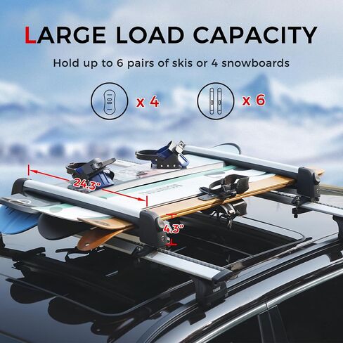 Ski and Snowboard Roof Racks, 24.3" Universal Ski Roof Rack Carrier | Fits 4 Pairs of Skis or 4 Snowboards, Safety Anti-Theft Lock Design, Silver in Saudi Arabia