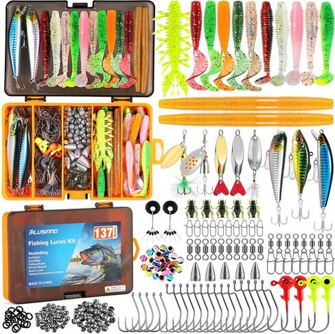 PLUSINNO Fishing Lures, 137Pcs Tackle Box with Tackle Included, Crankbaits, Spoon, Hooks, Weights & Other Accessories, Fishing Bait Lure Gear Kit Gift for Men Bass Freshwater in Kuwait