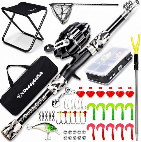 Kids Fishing Pole for Boys & Girls Age 3-12, Toddler Fishing Pole Gift Set | Toddler Fishing Pole Starter Kit Gift With Youth Boys & Girls Fishing Pole, Push Button Rod, Tackle Box, Chair, Net & Bag in Saudi Arabia