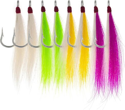 8/9 Pack Bucktail Teaser Hooks, White Chartreuse Yellow Pink | Non-Weighted, Hand-Tied, Saltwater Fishing Hooks for doormat fluke & Striped Bass, 5/0 High Carbon Steel Hooks in Saudi Arabia