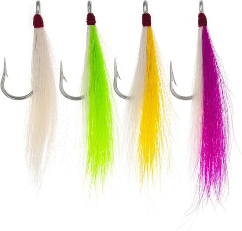 8/9 Pack Bucktail Teaser Hooks, White Chartreuse Yellow Pink | Non-Weighted, Hand-Tied, Saltwater Fishing Hooks for doormat fluke & Striped Bass, 5/0 High Carbon Steel Hooks in Saudi Arabia
