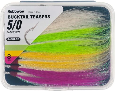 8/9 Pack Bucktail Teaser Hooks, White Chartreuse Yellow Pink | Non-Weighted, Hand-Tied, Saltwater Fishing Hooks for doormat fluke & Striped Bass, 5/0 High Carbon Steel Hooks in Saudi Arabia