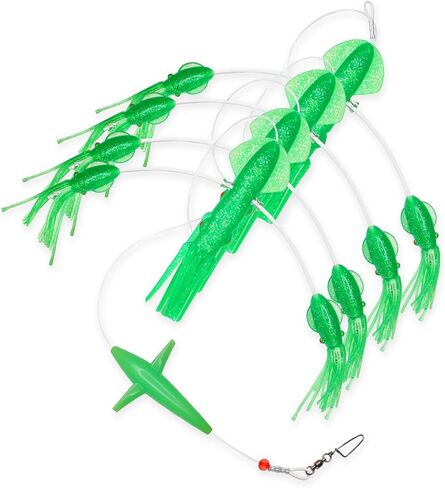 VIKETECH 21" Offshore Squid Daisy Chain Trolling Teaser Rig for Tuna Marlin | 4pcs 9" squids each with two 5.2" fat squids, 400lb mono & #7 ball bearing swivels, for tuna/mahi/marlin, offshore trolling in Saudi Arabia