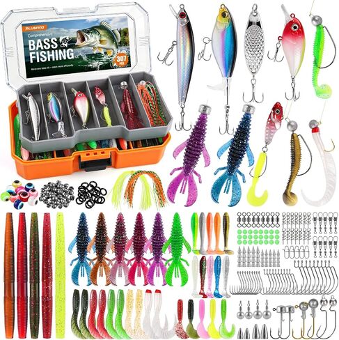 PLUSINNO Bass Fishing Lures Tackle Box Gear Kit with Tackle Included | Waterproof, Compact & Customizable, Bass Trout Fishing Gear Kit, Freshwater Topwater, 16 Rigs, Fishing Gifts for Men Starter in Kuwait