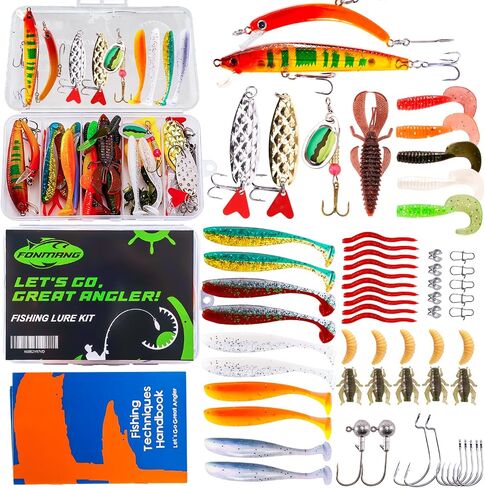 FONMANG Fishing Lures - Fishing Tackle kit with Fishing Spoons, Swim Bait, Jerk baits, Lure & Fishing Accessories, Bass Fishing Kit Also for Trout, Bluegill, Small Fishing Tackle Box for Freshwater in Kuwait