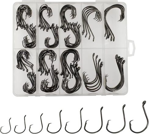 Afmivs Fishing Hooks Saltwater, 160PCS Circle Hooks Saltwater, Fish Hooks for Fishing Gear Tackle, Catfish Octopus Hook #1 1/0 2/0 3/0 4/0 5/0 6/0 8/0 Black High Carbon Steel with Portable Plastic Box in Saudi Arabia