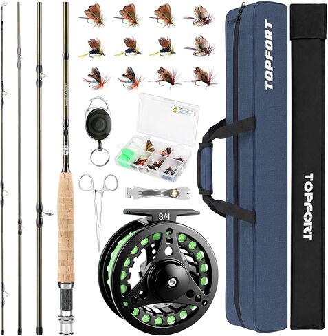 Fly Fishing Rod and Reel Combo, 4-Piece Fly Rod Kit with Complete Fly Fishing Gear: Fly Rod, Pre-Spooled Fly Fishing Reel, Fishing Flies, Leader, Forceps, Nipper and Carrying Case in Kuwait