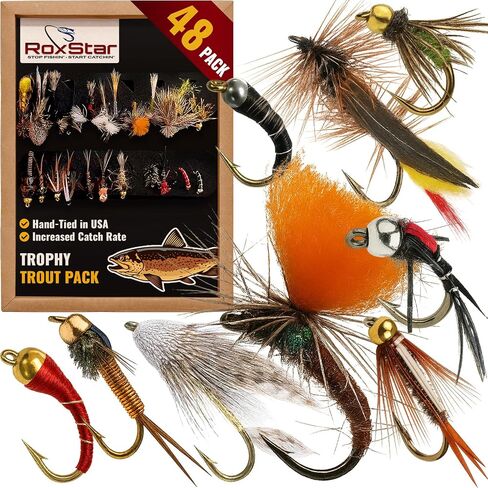 RoxStar Fly Shop Trophy Trout Top الذباب الرطب والجاف لسمك السلمون المرقط. ثبت على الصعيد الوطني لصيد الأسماك! هدية صيد السمك المقيدة داخليًا ولا يتم الاستعانة بمصادر خارجية أبدًا in Kuwait