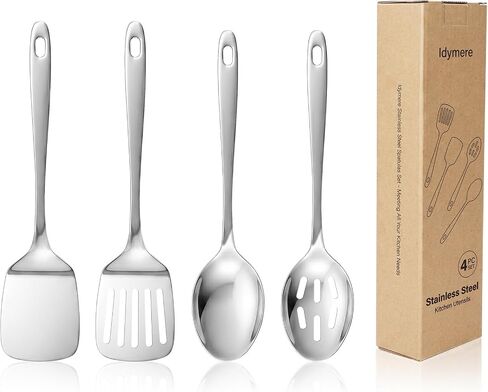 4PCS Stainless Steel Kitchen Cooking Utensils Spatula & Spoons Set | Solid & Slotted Turners, Serving & Slotted Spoons, Heat Resistant, For Flipping Fish, Eggs and Pancakes, Dishwasher Safe in Saudi Arabia