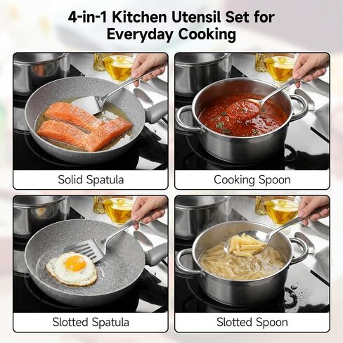 4PCS Stainless Steel Kitchen Cooking Utensils Spatula & Spoons Set | Solid & Slotted Turners, Serving & Slotted Spoons, Heat Resistant, For Flipping Fish, Eggs and Pancakes, Dishwasher Safe in Saudi Arabia