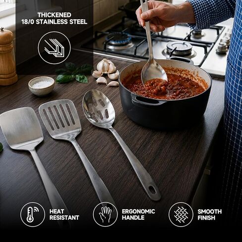 4PCS Stainless Steel Kitchen Cooking Utensils Spatula & Spoons Set | Solid & Slotted Turners, Serving & Slotted Spoons, Heat Resistant, For Flipping Fish, Eggs and Pancakes, Dishwasher Safe in Saudi Arabia