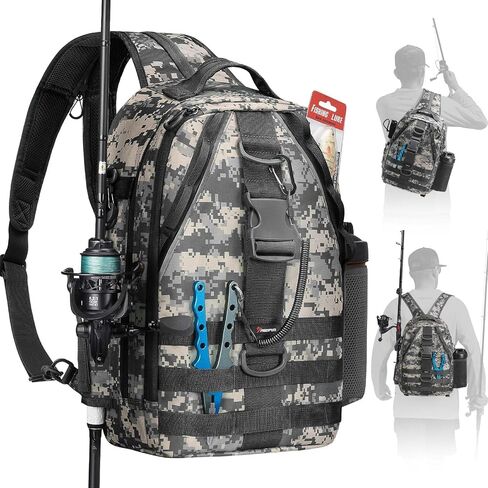 Piscifun Fishing Backpack, Rod Holders, Lightweight Sling Bag, Khaki | Fits 2x3600 trays, bottle pocket, MOLLE loops, 4-way carry for short bank fishing trips in Saudi Arabia