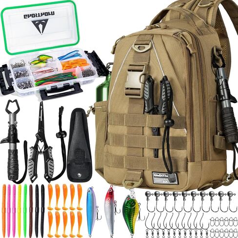 Fishing Tackle Backpack with Tackle Boxes Rod Holder Fishing Bag | Waterproof Fishing Tackle Bag with Lip Gripper, Pliers, Lures and Tackle Accessories Fishing Kit Gifts for Anglers Sling in Saudi Arabia