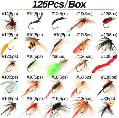Fly Fishing Flies 125pcs Lures Bait Trout Bass Dry Nymphs Wooly Bugger Tenkara Assortment Kit for Trout Fish Gifts Men in Kuwait
