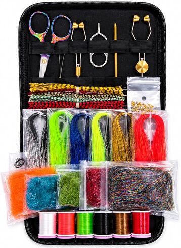 Fly Tying Kit – Complete Starter Set with Tools & Materials, Fly Fishing Gift Box for Building Flies & Jigs, Includes Bobbin, Hooks, Beads, Scissors, Whip Finisher, Carry Bag in Saudi Arabia