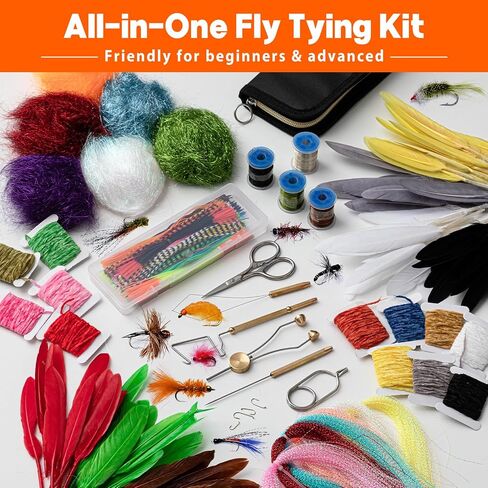 Thiccywoov Fly Tying Kit with Tools and Materials, 80 Hooks Fly Fishing Lure Making Set, 18 Colors Silicone Legs Chenille Feathers Dubbing Wire, All in One Starter Kit for Trout Bass Jig Streamer DIY in Kuwait