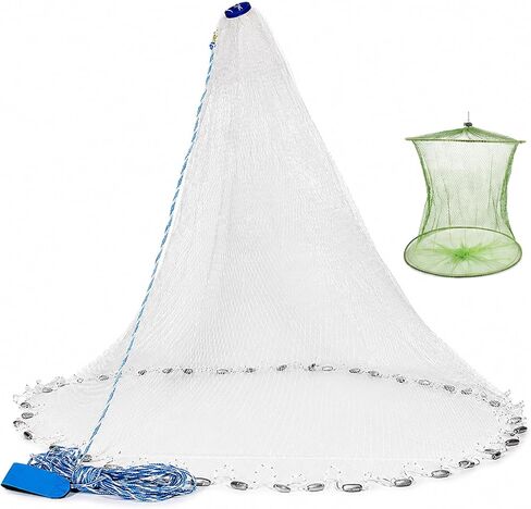 Yeahmart American Saltwater Fishing Cast Net for Bait Trap Fish 3ft/4ft/5ft/6ft/7ft/8ft/9ft/10ft Radius Casting Nets with Heavy Duty Real Zinc Sinker Weights, 3/8inch Mesh Size in Kuwait