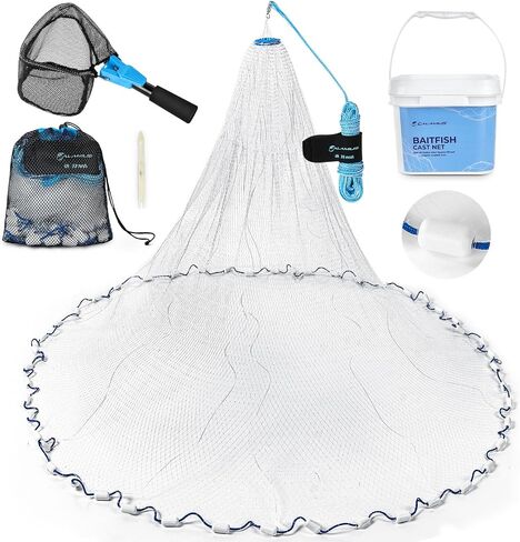 Calamus Baitfish Cast Net, 3/8" Mesh, 3ft-6ft Radius | Heavy-Duty Sinking Nylon Line, Mesh Storage Bag & Storage Bucket & Net Repair Kit, Freshwater & Saltwater, Easy to Throw in Saudi Arabia