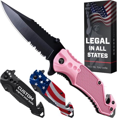 GOOD WORKER Legal Pocket Knife with 2.95" Serrated Blade, Glass Breaker, Seat Belt Cutter - EDC Sharp Folding Knives with Portable Clip - Small Tool for Tactical Camping Survival Hiking - Gifts for Men, Women in Kuwait
