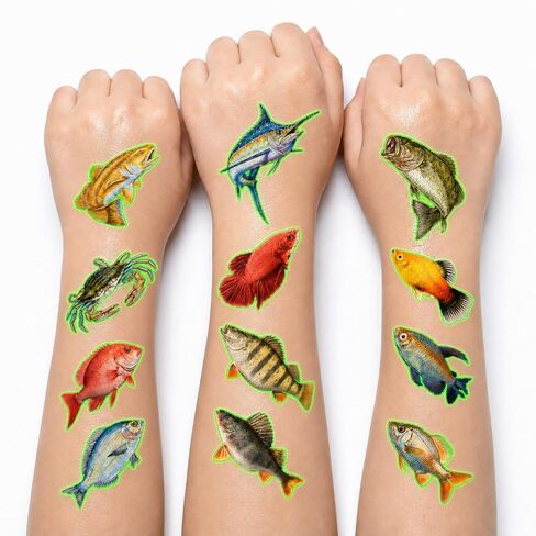 Pre-Cut Fishing Temporary Tattoos - Gone Fishing Fish Lake 96PCS Funny Fish-Themed Stickers for Kids' Birthday Party Supplies, Decorations, Favors, and Prizes - Cute Gifts for Boys and Girls in Kuwait