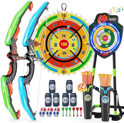 2 Pack Kids Bow and Arrow, LED Archery Set with Dinosaur Target | with 24 Suction Cup Arrows, 1 Standing Target, 6 Score Targets & 2 Quiver, Indoor Outdoor Sport Gifts for Boys Girls in Kuwait