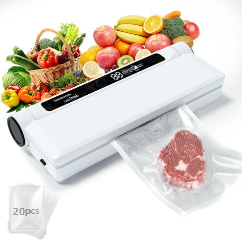 Compact Vacuum Sealer for Food, 75Kpa Food Sealer Machine | 75 Kpa Strong Suction, LED Display, Dual Use for Dry & Wet Foods, with 20 Bags, Ideal for Home Kitchen, White in Saudi Arabia