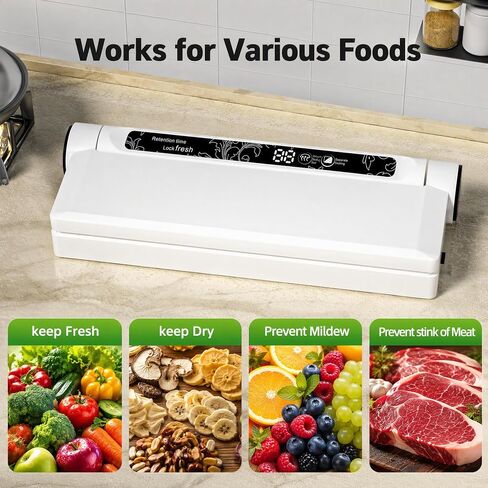 Compact Vacuum Sealer for Food, 75Kpa Food Sealer Machine | 75 Kpa Strong Suction, LED Display, Dual Use for Dry & Wet Foods, with 20 Bags, Ideal for Home Kitchen, White in Saudi Arabia