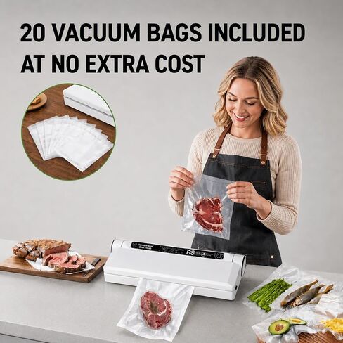 Compact Vacuum Sealer for Food, 75Kpa Food Sealer Machine | 75 Kpa Strong Suction, LED Display, Dual Use for Dry & Wet Foods, with 20 Bags, Ideal for Home Kitchen, White in Saudi Arabia