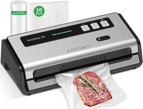 FRESKO Vacuum Sealer Machine with Automatic Bag Detection, Compact Design | 0.2-inch Widened Heating Strip, Food Vacuum Sealer for Dry & Moist Food Storage, Suitable for Sous Vide, 10 Pre-Cut Bags in Saudi Arabia