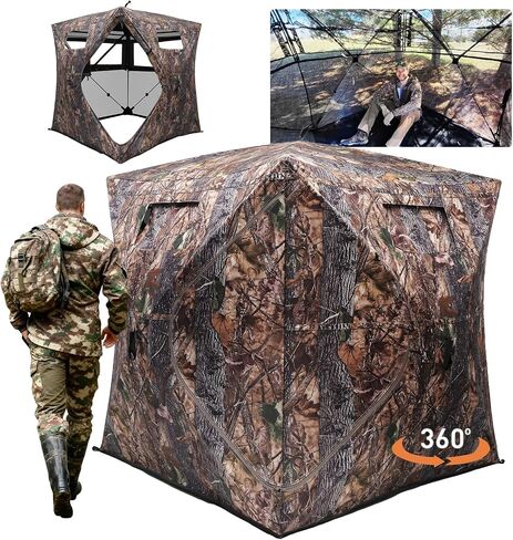 Hunting Blind with Floor Mat, 360 See Through Ground Blind, Pop Up | 2/3/4 Person Camouflage Tent, Portable Concealed Shelter with Carrying Bag, Detachable Zip-in Floor, Silent Sliding Windows in Saudi Arabia