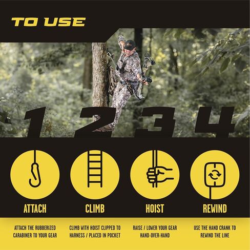 Hunter Safety System Bow & Gear Hoist: 30' Automatic Unwinding Pull Line with Coated Carabiner, Lightweight Rewind System for Lifting Bows, Packs & Treestand Gear with Tangle-Free, Quiet Operation in Saudi Arabia