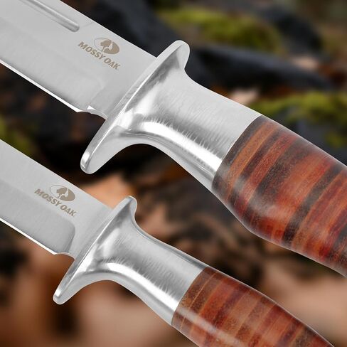 Mossy Oak 2-piece Fixed Blade Bowie Knife Set | Hunting Knives with Leather Handle Featuring Laser Pattern, Sheath Included in Kuwait