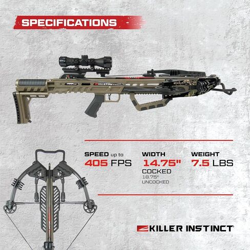 Killer Instinct Lethal 405HD Crossbow Bundle, 405 FPS Compact Crossbow with Lumix 4x32 Scope, Anti Dry Fire Safety, Rope Cocker and 2 Carbon Bolts, Hunting Crossbow Kit | 4x32 Scope, Anti Dry Fire Safety, Rope Cocker, 2 Carbon Bolts, Hunting Kit in Kuwait