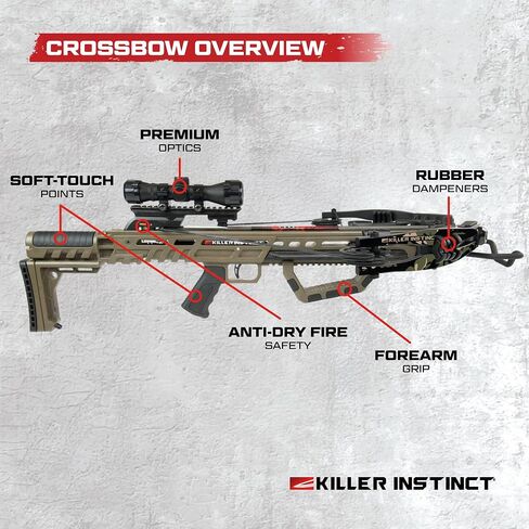 Killer Instinct Lethal 405HD Crossbow Bundle, 405 FPS Compact Crossbow with Lumix 4x32 Scope, Anti Dry Fire Safety, Rope Cocker and 2 Carbon Bolts, Hunting Crossbow Kit | 4x32 Scope, Anti Dry Fire Safety, Rope Cocker, 2 Carbon Bolts, Hunting Kit in Kuwait