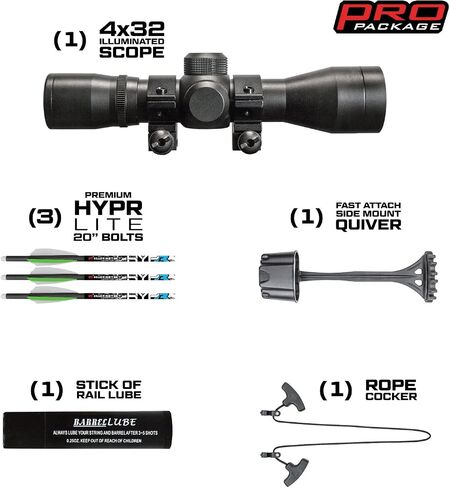 Killer Instinct Boss 405 Crossbow Pro Package with 4x32 IR-W Scope, Rope Cocker, String Suppressors, 3-Bolt Quiver, 3 Hypr Lite Bolts and Field Tips, Stick of Rail Lube in Saudi Arabia