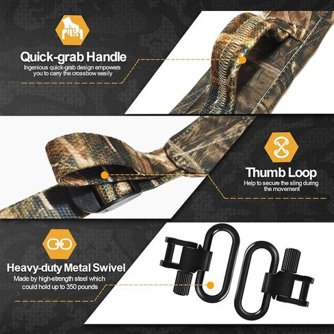 Zylora Crossbow Sling with Quick-Grab Handle, Non-Slip Padded Strap | Thumb hole for added control; Adjustable 2-point design up to 47 inches; Metal swivels; Fits most crossbows in Saudi Arabia