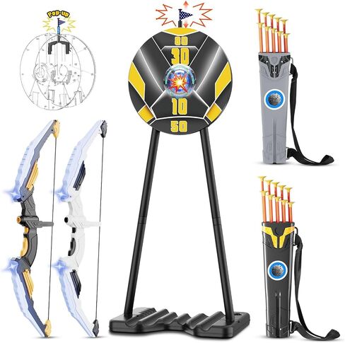 TIGTECGAME 2 Pack Bow and Arrow for Kids with Standing Pop-Up Target,LED Light Up Archery Set, 20 Suction Cup Arrows & 2 Quivers, Indoor Outdoor Toys & Birthday Gifts for Boys Girls Ages 4-12 in Saudi Arabia