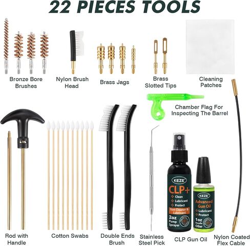 Keze Gun Cleaning Kit 9mm,.22,.357,.38,.45 with Gun Oil 1 oz. & CLP Cleaner Lubricant 2 oz. Handgun Shotgun Rifle and Pistol Cleaning Kits with Caliber Brass Brush and Brass Jag Adapter Portable Case in Saudi Arabia