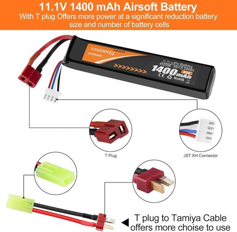Airsoft Battery 11.1V 1400mAh 30C LiPo with T Plug to Mini Tamiya Cable | Crazepony Hobby Rechargeable Lipo Battery for Airsoft Model in Kuwait
