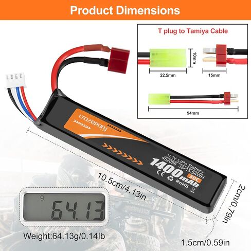 Airsoft Battery 11.1V 1400mAh 30C LiPo with T Plug to Mini Tamiya Cable | Crazepony Hobby Rechargeable Lipo Battery for Airsoft Model in Kuwait