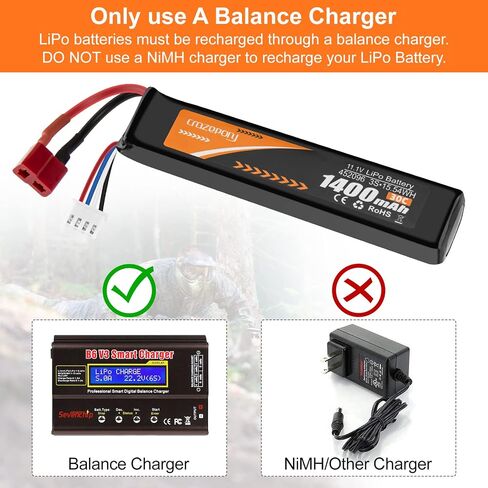 Airsoft Battery 11.1V 1400mAh 30C LiPo with T Plug to Mini Tamiya Cable | Crazepony Hobby Rechargeable Lipo Battery for Airsoft Model in Kuwait