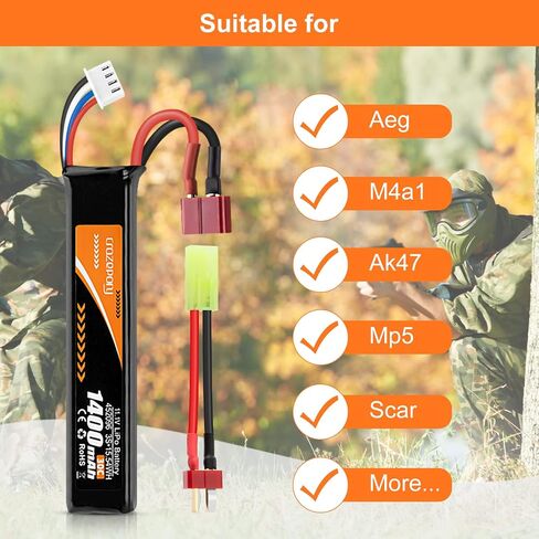 Airsoft Battery 11.1V 1400mAh 30C LiPo with T Plug to Mini Tamiya Cable | Crazepony Hobby Rechargeable Lipo Battery for Airsoft Model in Kuwait