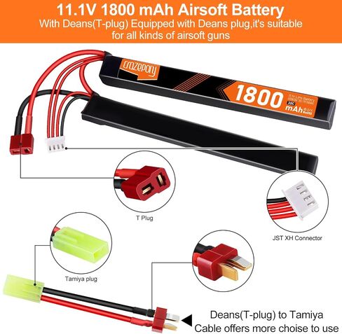 Airsoft Battery 11.1V 3S Nunchuck Split Pack Battery for Airsoft Model Guns | Crazepony 30C 1800mAh Rechargeable LiPo Nunchuck Split Pack Battery with T Plug to Mini Tamiya Cable for Rifle in Kuwait