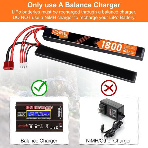 Airsoft Battery 11.1V 3S Nunchuck Split Pack Battery for Airsoft Model Guns | Crazepony 30C 1800mAh Rechargeable LiPo Nunchuck Split Pack Battery with T Plug to Mini Tamiya Cable for Rifle in Kuwait