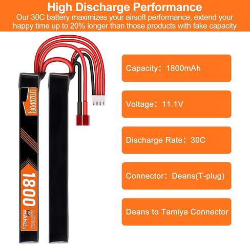 Airsoft Battery 11.1V 3S Nunchuck Split Pack Battery for Airsoft Model Guns | Crazepony 30C 1800mAh Rechargeable LiPo Nunchuck Split Pack Battery with T Plug to Mini Tamiya Cable for Rifle in Kuwait