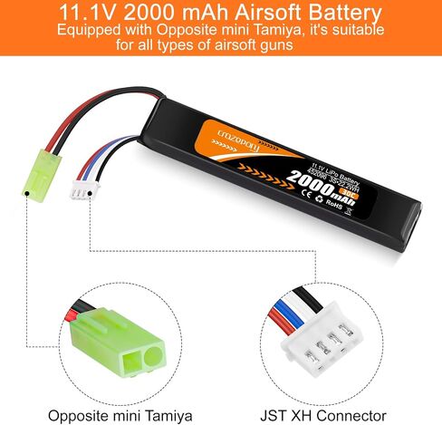 11.1V Airsoft Battery 3S LiPo Battery 2000mAh with Mini Tamiya Connector | Crazepony Rechargeable Airsoft Battery 30C with JST XH Connector for Model Airsoft Rifle in Kuwait